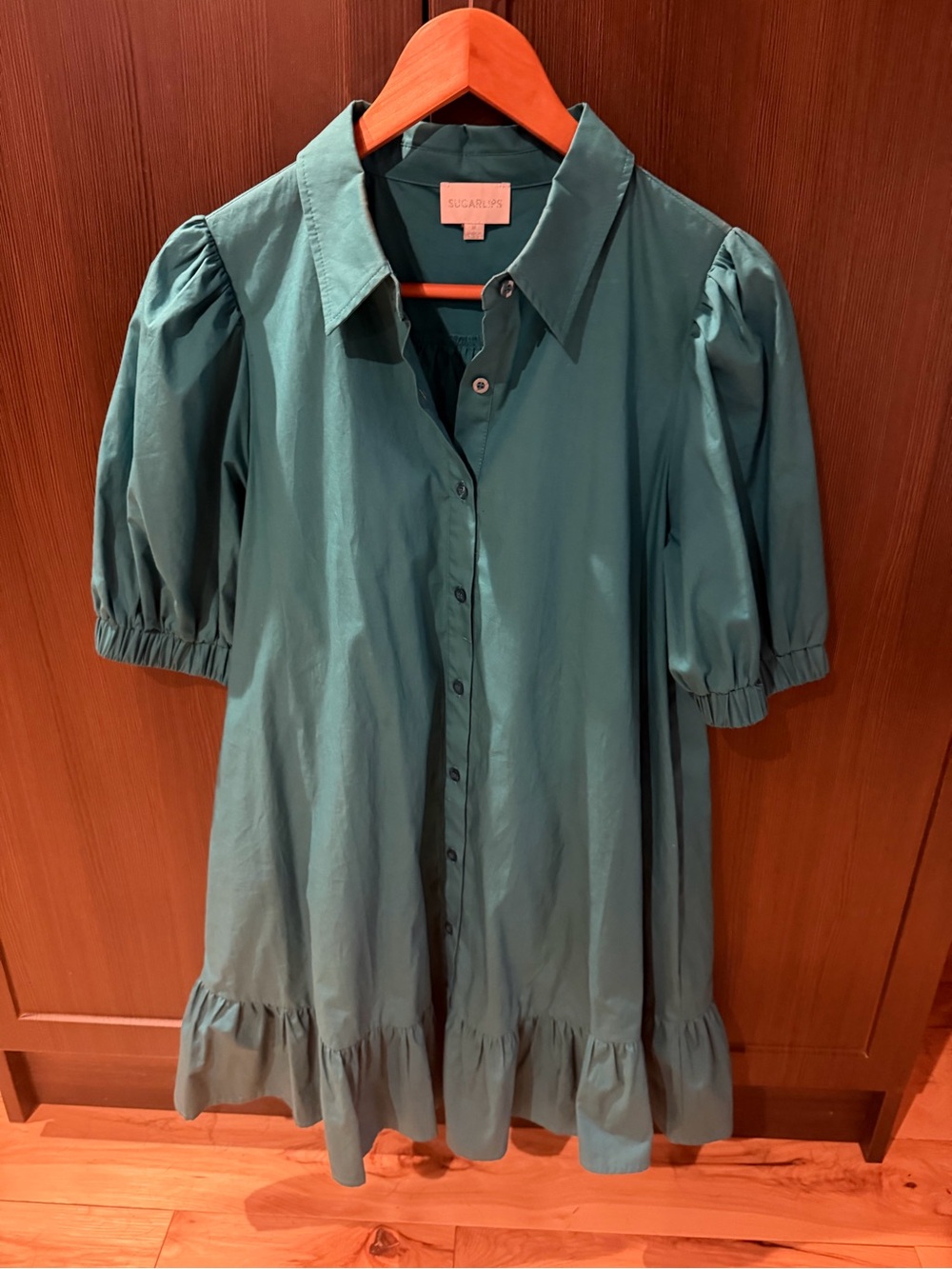 Sugarlips Teal Puff-Sleeve Button-Front Dress